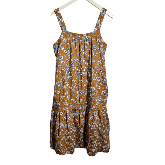 Pact Dress Women M Mustard Yellow Blue Sunset Floral Tiered Midi Cottage Casual - Picture 1 of 11